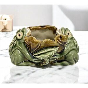 Vintage Majolica Frog Art Pottery Planter Ashtray Water Lily Green